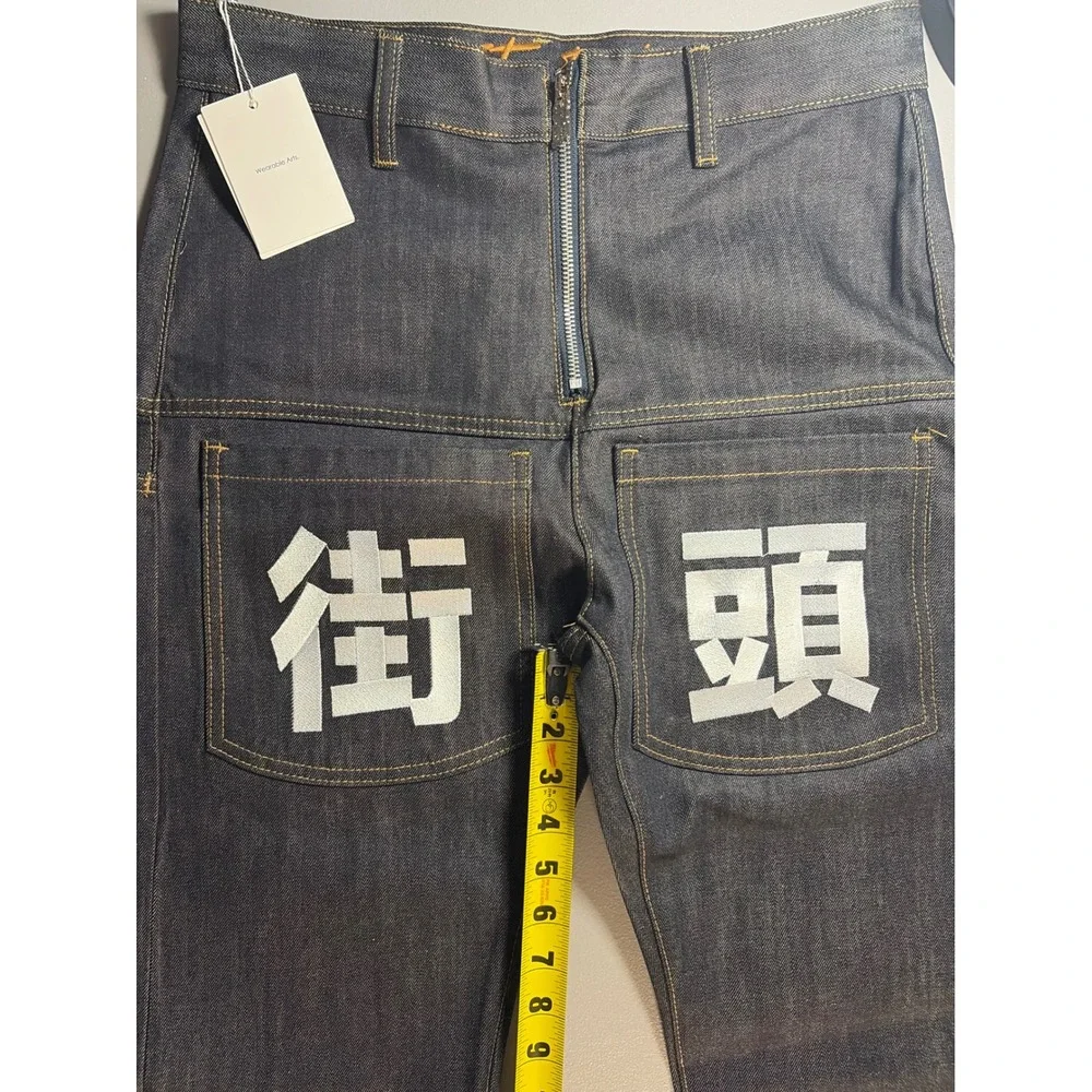 VINKID Kanji Graphic Jeans Mens Small Dark Indigo Wide Leg Streetwear Denim